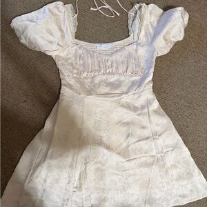 All in Favor White Satin Floral Puff Sleeve Mini